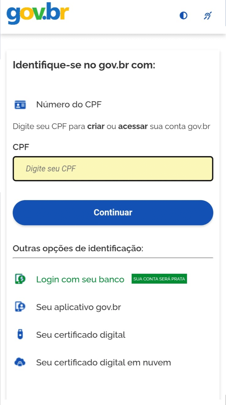 Tela do aplicativo Meu INSS: acesso com a conta gov.br